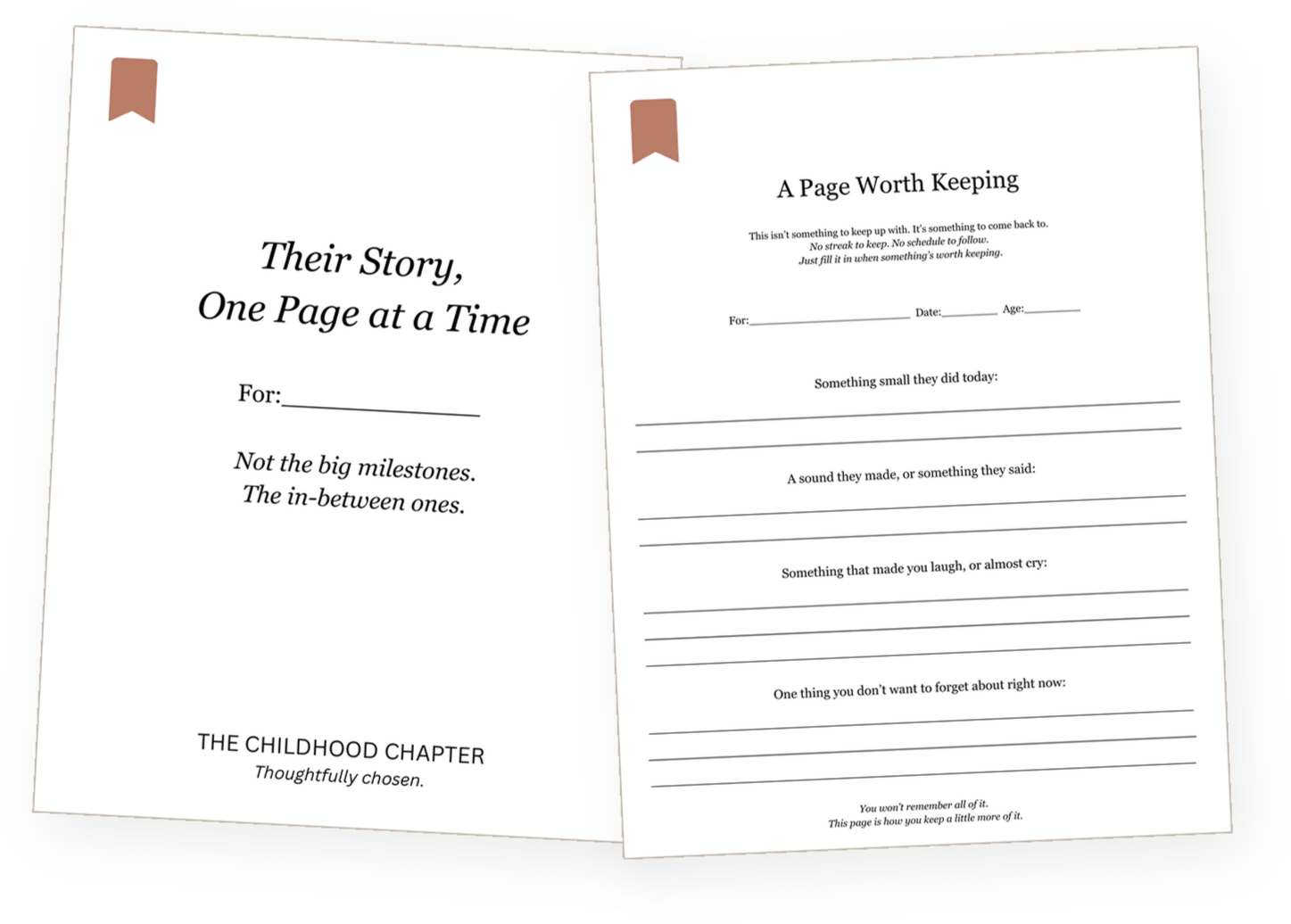 Two pages of the free printable journal: a cover reading "Their Story, One Page at a Time" and a fill-in page called "A Page Worth Keeping."